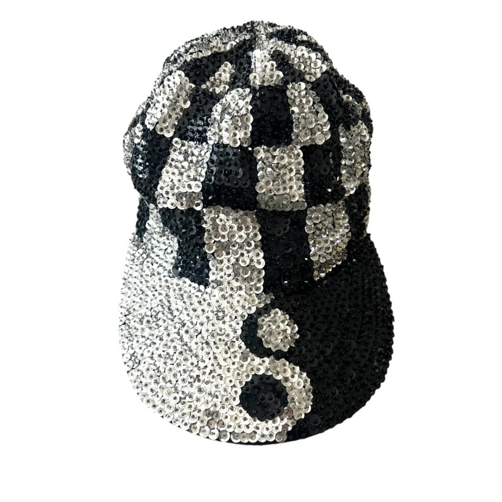 Vintage JC 001 USA Sequin Yin Yang Handmade Black With Silver Cotton Cap